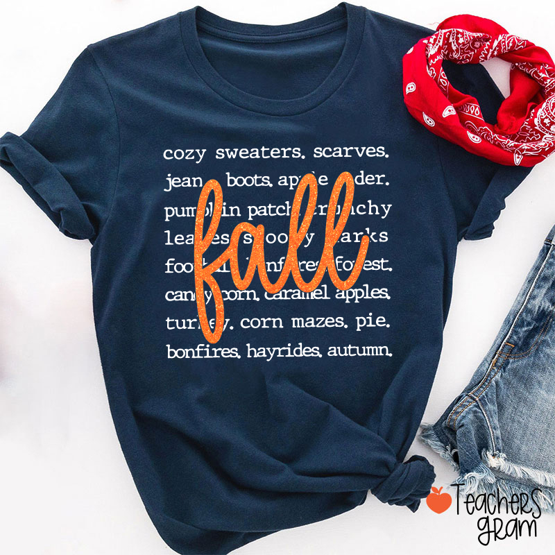 Glitter Fall Autumn Word List Teacher T‑Shirt