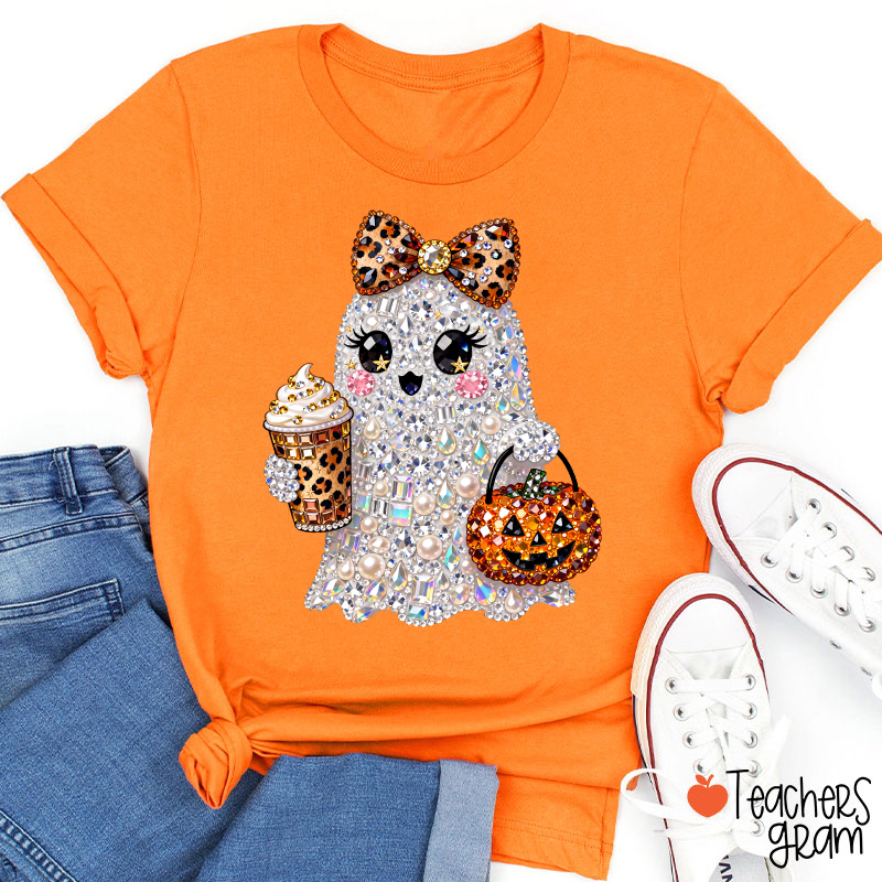 Faux Rhinestone Ghost Leopard Bow Coffee Pumpkin Teacher T-Shirt