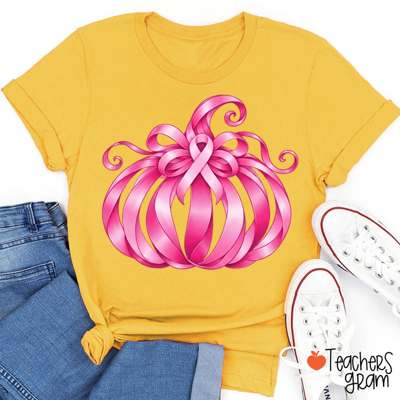 Pink Ribbon Bow Pumpkin Fall Teacher T-Shirt