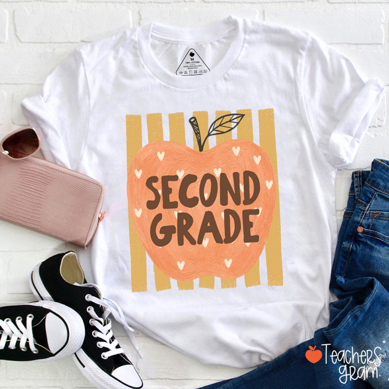 Personalized Grade Heart Apple Vertical Stripe Teacher T-Shirt
