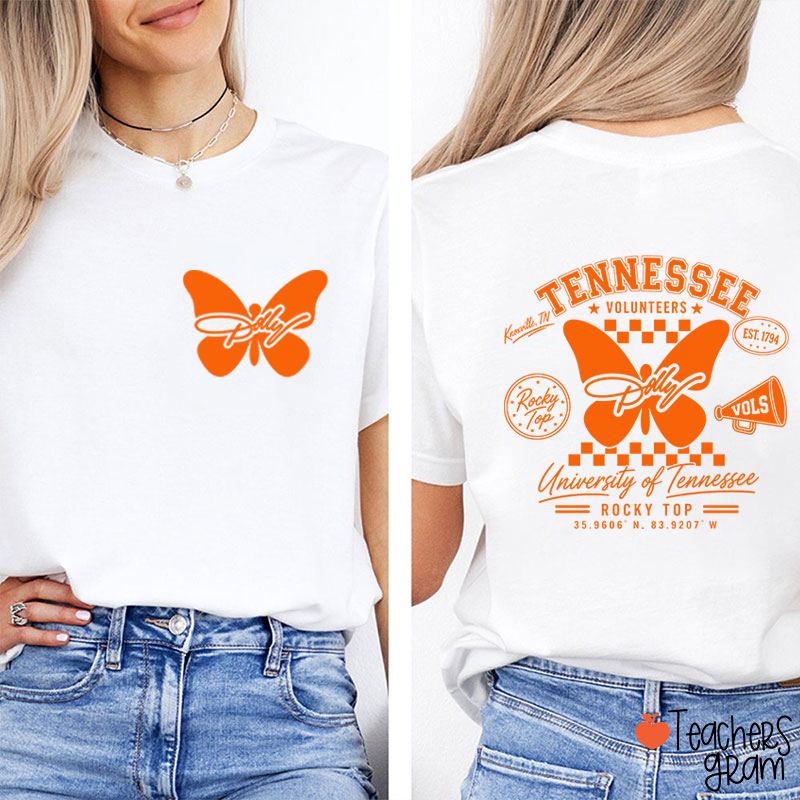 Tennessee Volunteers Rocky Top Butterfly Teacher Two Sided T‑Shirt