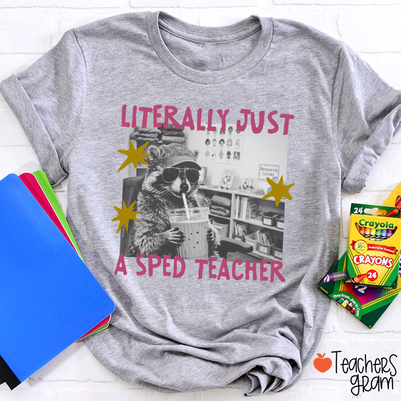 Literally Just A SPED Teacher Raccoon Bubble Tea Teacher T-Shirt