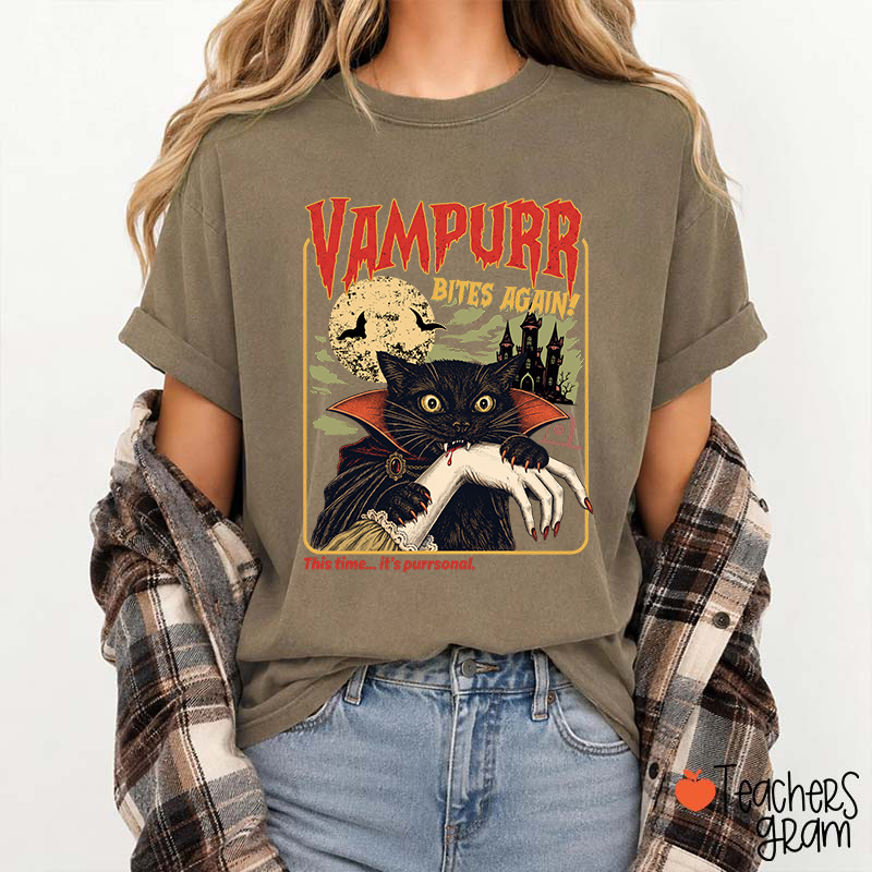 Vampurr Bites Again Vampire Black Cat Halloween Teacher T-Shirt