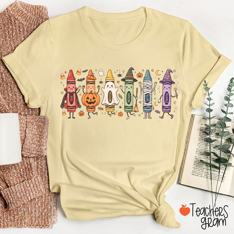 Halloween Cartoon Crayons Character Teacher T-Shirt