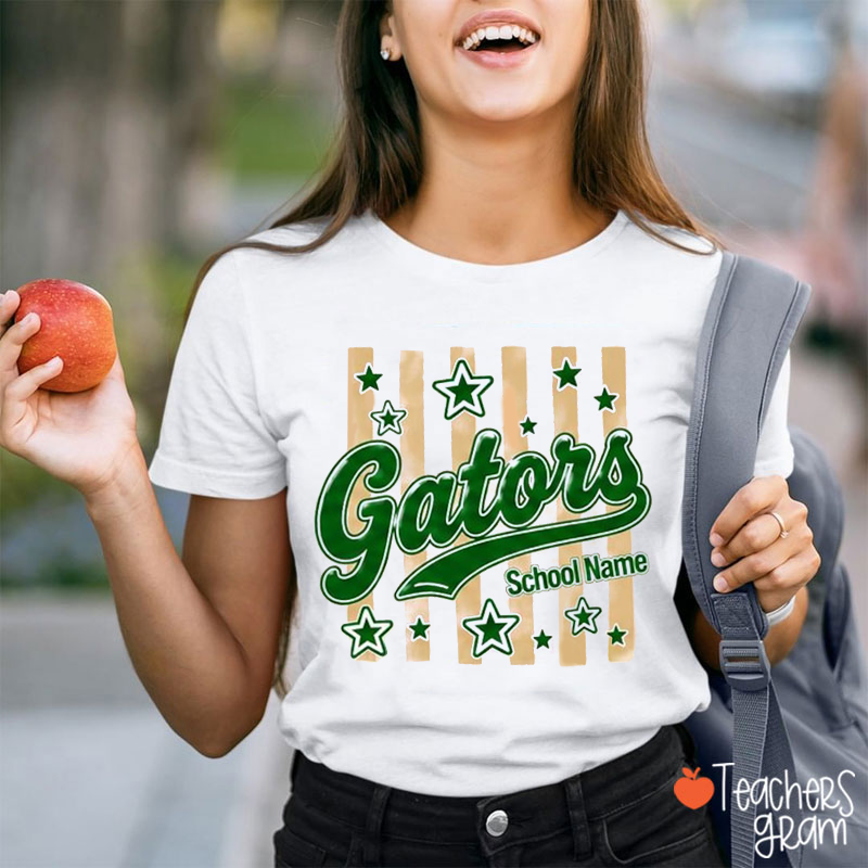 Personalized Mascot School Name Striped Star Script Teacher T-Shirt