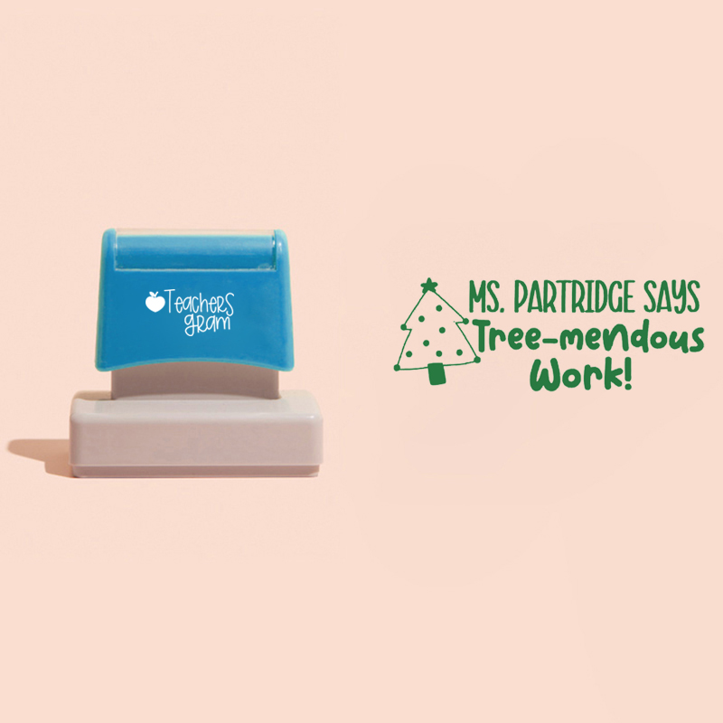 Personalized Name Says Tree-mendous Work Teacher Rectangle Stamp