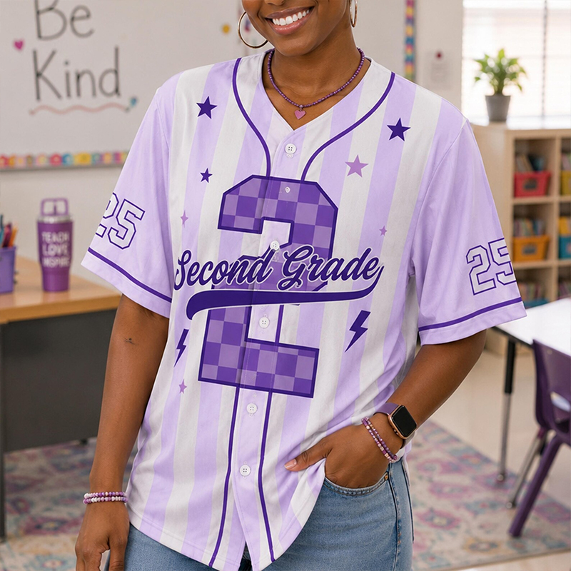 Personalized Grade And Name Preppy Stripes Check Number First Day Teacher Mesh Jersey