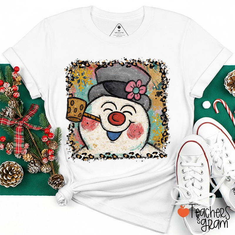 Leopard Border Snowman Teacher T-Shirt
