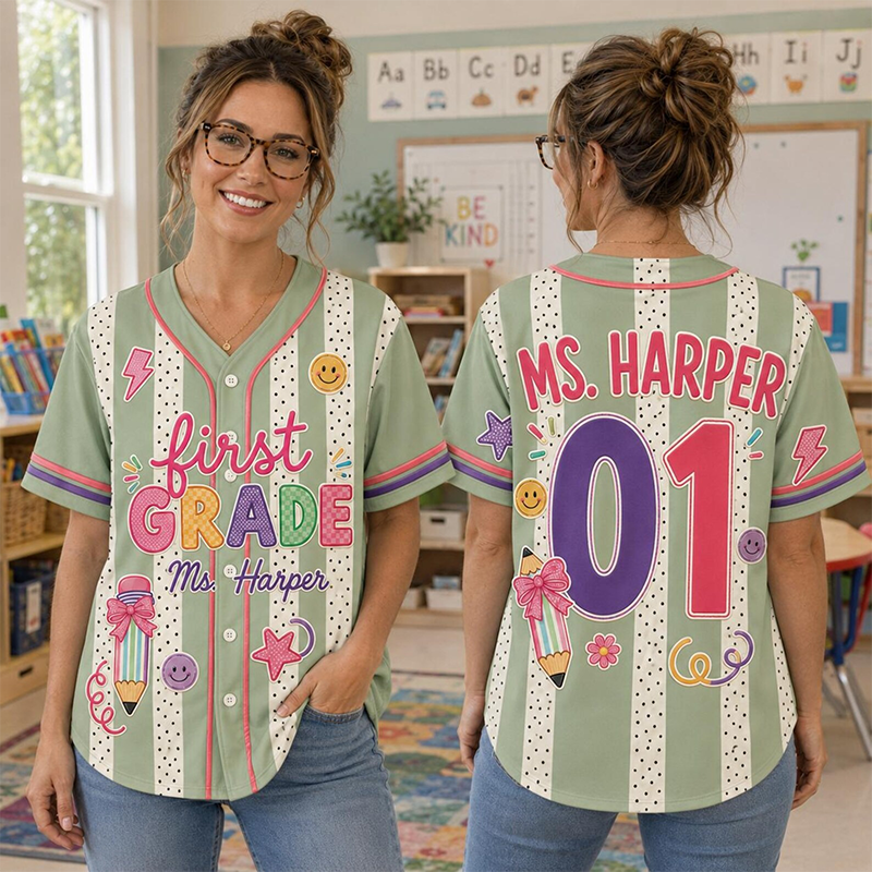 Personalized Grade Striped Polka Dot Stationery Print Teacher Baseball Jersey