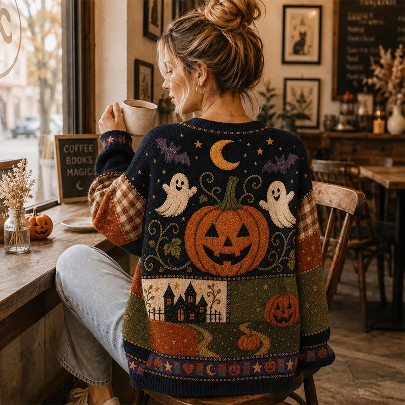 Halloween Ghost Pumpkin Black Cat Haunted House Plaid Teacher Ugly Cardigan Sweaters
