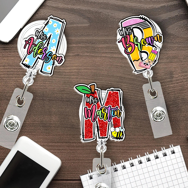 Personalized Name And Initial Funny Letter Teacher Badge Reel