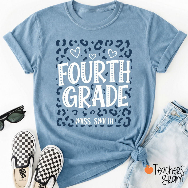 Personalized Name And Grade Leopard Heart Teacher T-Shirt