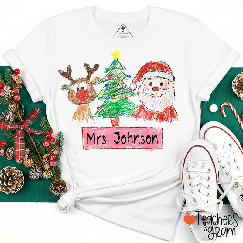 Personalized Name Hand-drawn Reindeer Santa Claus Teacher T-Shirt