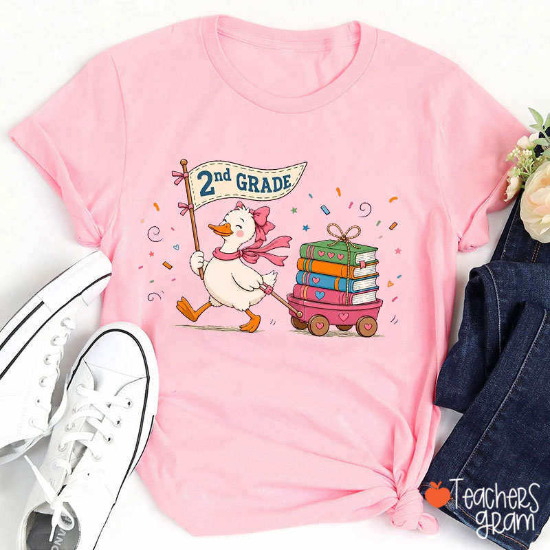 Personalized Grade Cute Duck Pulling Book Cart Teacher T-Shirt