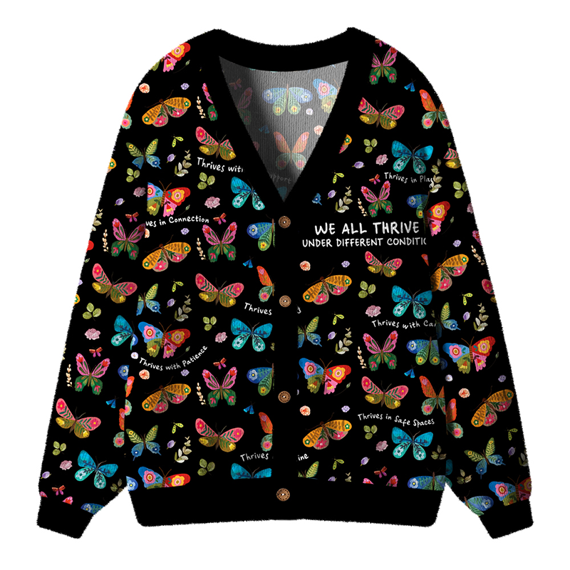 We All Thrive Under Different Conditions Butterfly Pattern Teacher Ugly Cardigan Sweaters