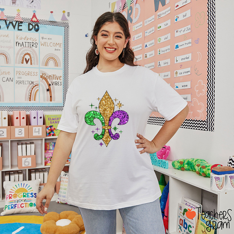 Faux Glitter Trendy Mardi Gras Teacher T-Shirt