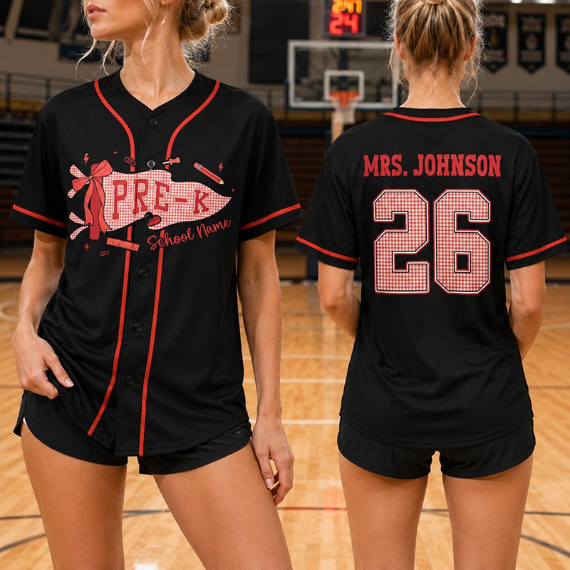 Personalized Greade And Name Coquette Bow Pennant Teacher Baseball Jersey