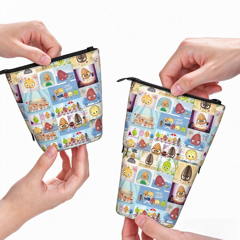 Food Group Cartoon Grid Print Telescopic Teacher Pop-Up Standing Pencil Case