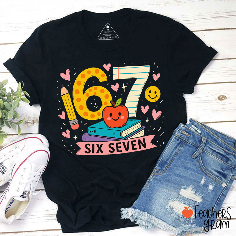 Six Seven Pencil Book Apple Teacher T-Shirt