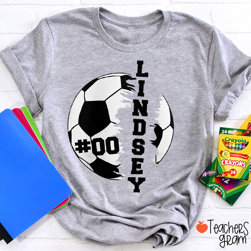 Personalized Name And Number Soccer Tear Effect Teacher T-Shirt