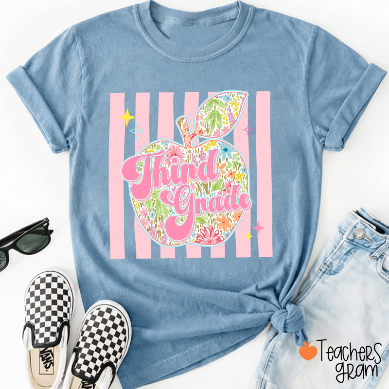 Personalized Text Preppy Stripes Floral Apple Teacher T-Shirt