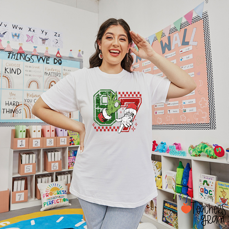 Six Seven Checkered Christmas Teacher T-Shirt