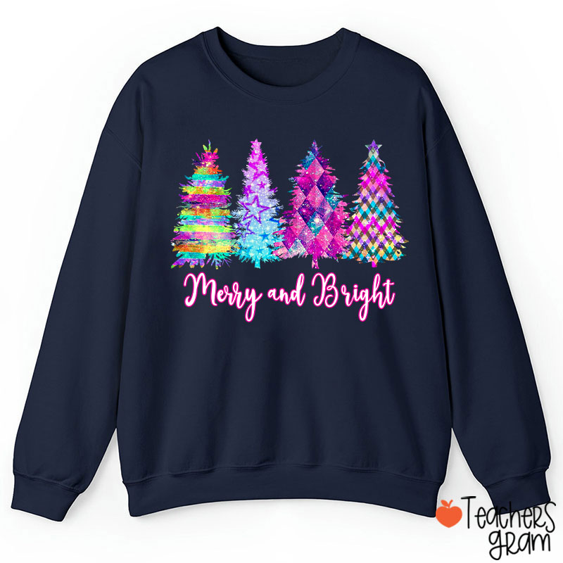 Merry And Bright Colorful Christmas Tree Teacher Sweatshirt