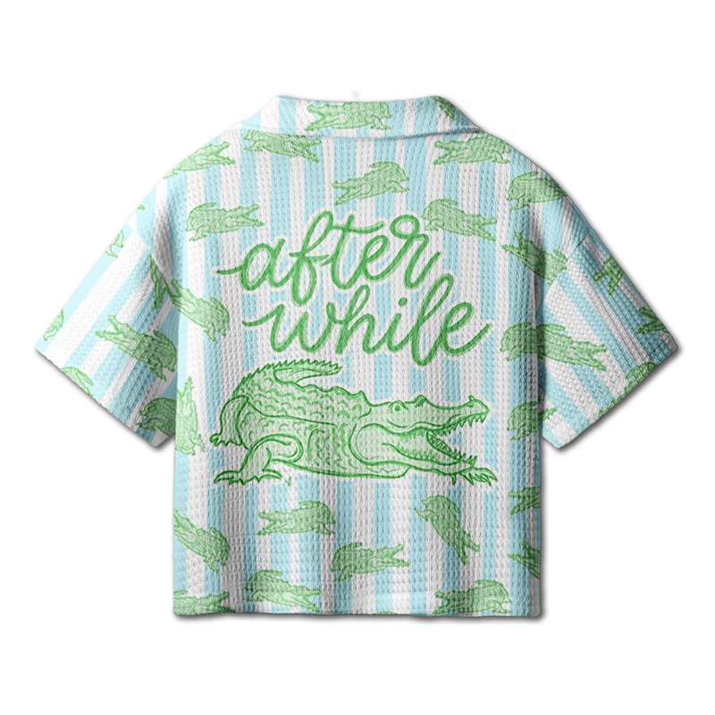 After While Crocodile Girly Preppy Boutique Teacher Crochet Crop Camp Shirt