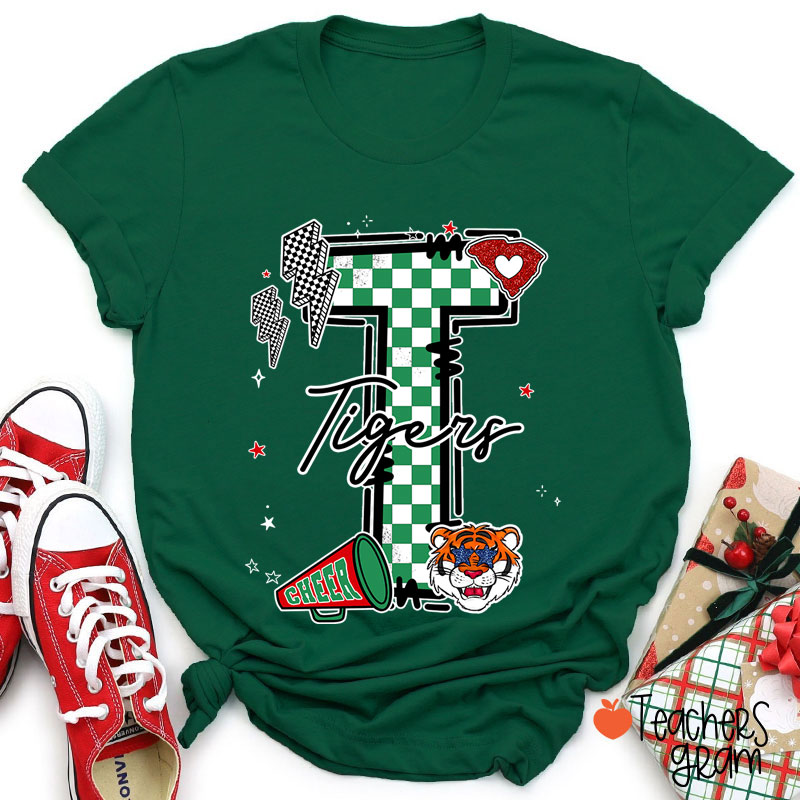Personalized Mascot Initials Checkered School Spirit Teacher T-Shirt