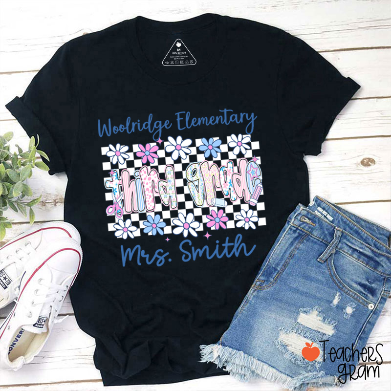 Personalized Name Grade And School Name Checkered Flowers Teacher T-Shirt