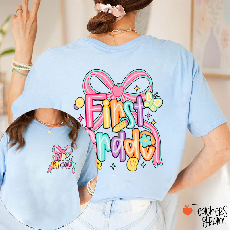 Personalized Name And Grade Pink Bow Teacher Two Sided T-Shirt