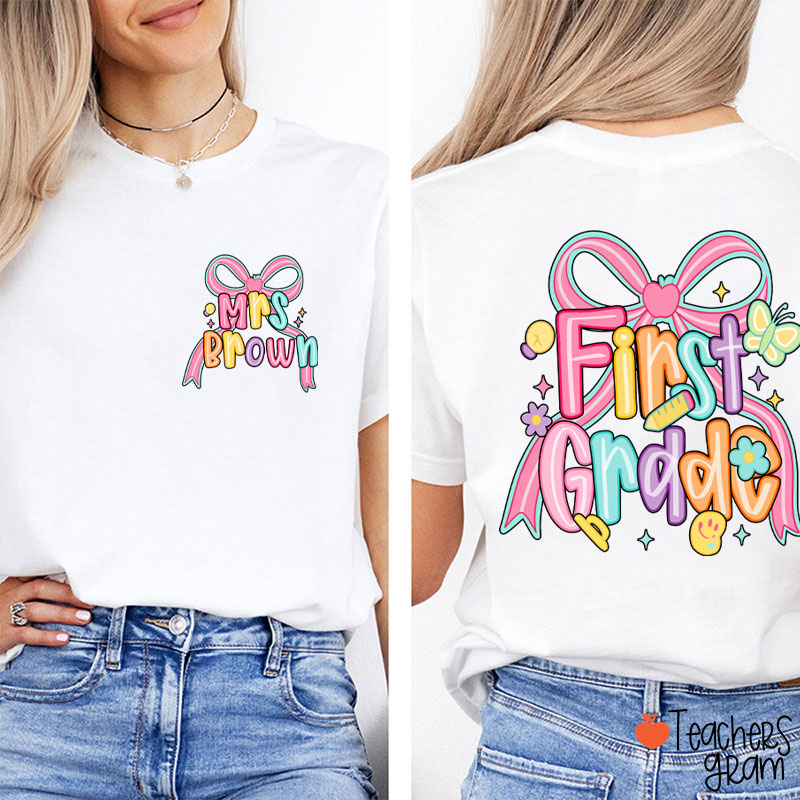 Personalized Name And Grade Pink Bow Teacher Two Sided T-Shirt