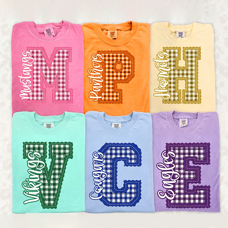 Personalized School Mascot Gingham Scalloped Letter Teacher T-Shirt