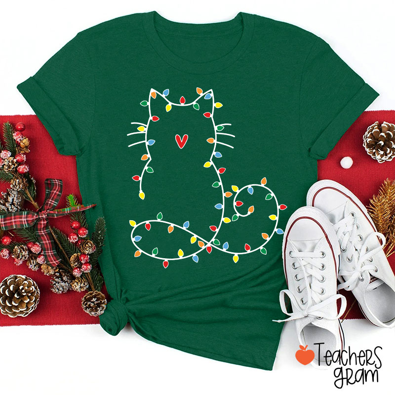 Cute Cat Christmas Lights Teacher T-Shirt