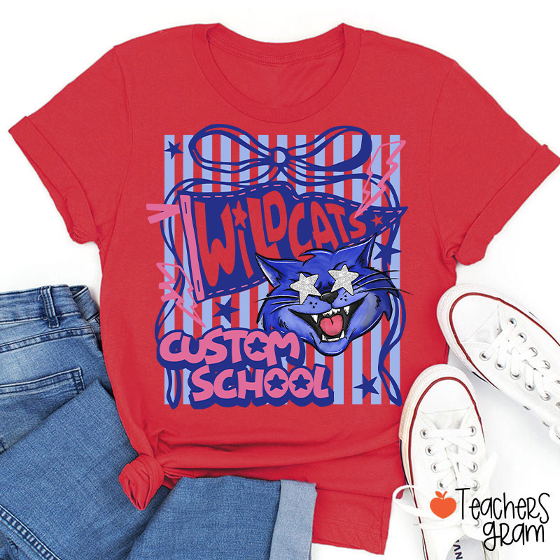 Personalized Mascot Coquette Bow Striped Teacher T-Shirt