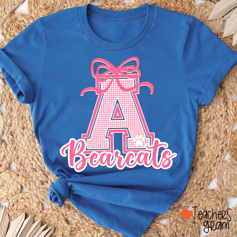 Personalized Mascot Gingham Varsity Coquette Bow Teacher T-Shirt