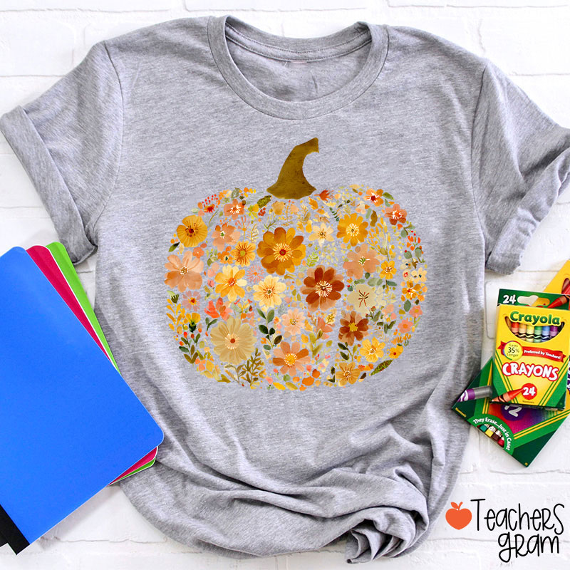 Pumpkin Orange Flowers Grass Teacher T-Shirt
