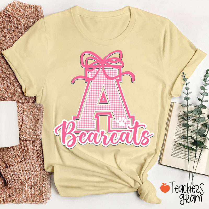 Personalized Mascot Gingham Varsity Coquette Bow Teacher T-Shirt
