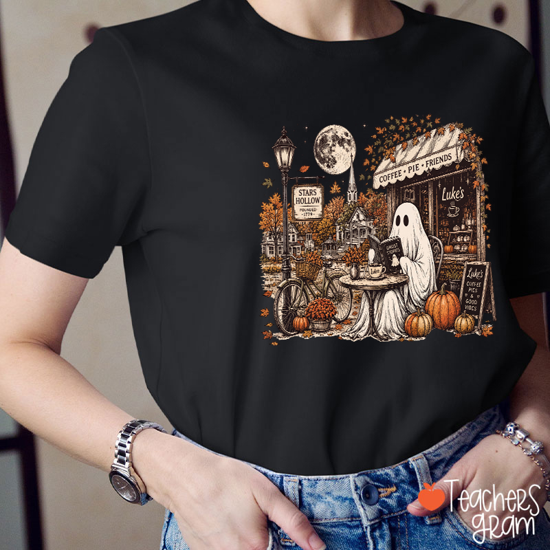Ghost Reading At Coffee Shop Halloween Teacher T-Shirt