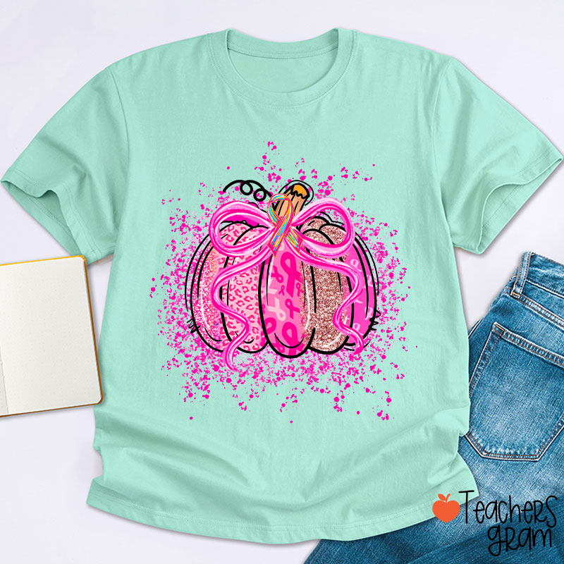 Pumpkin Theme Pink Ribbon Teacher T-Shirt