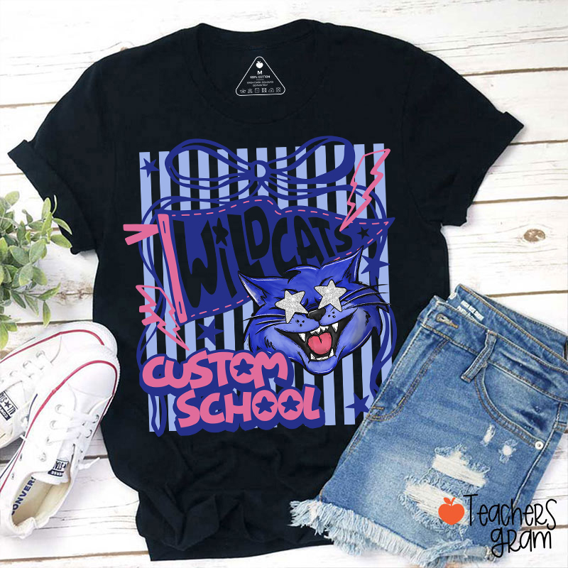 Personalized Mascot Coquette Bow Striped Teacher T-Shirt