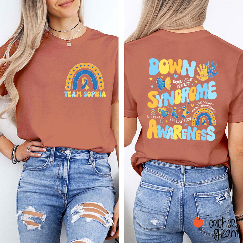 Personalized Name Down Syndrome Awareness Teacher Two Sided T-Shirt