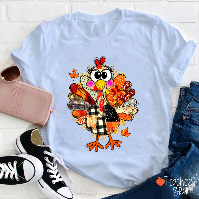 Collage Of Flowers And Thanksgiving Turkey Teacher T-Shirt