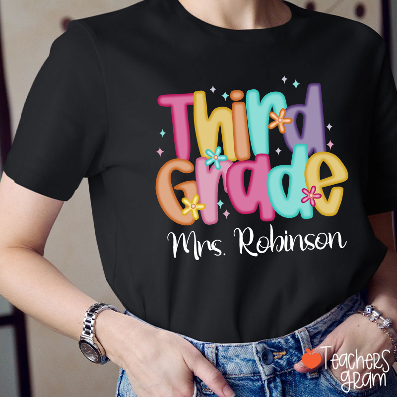 Personalized Name And Grade Candy Font Teacher T-Shirt