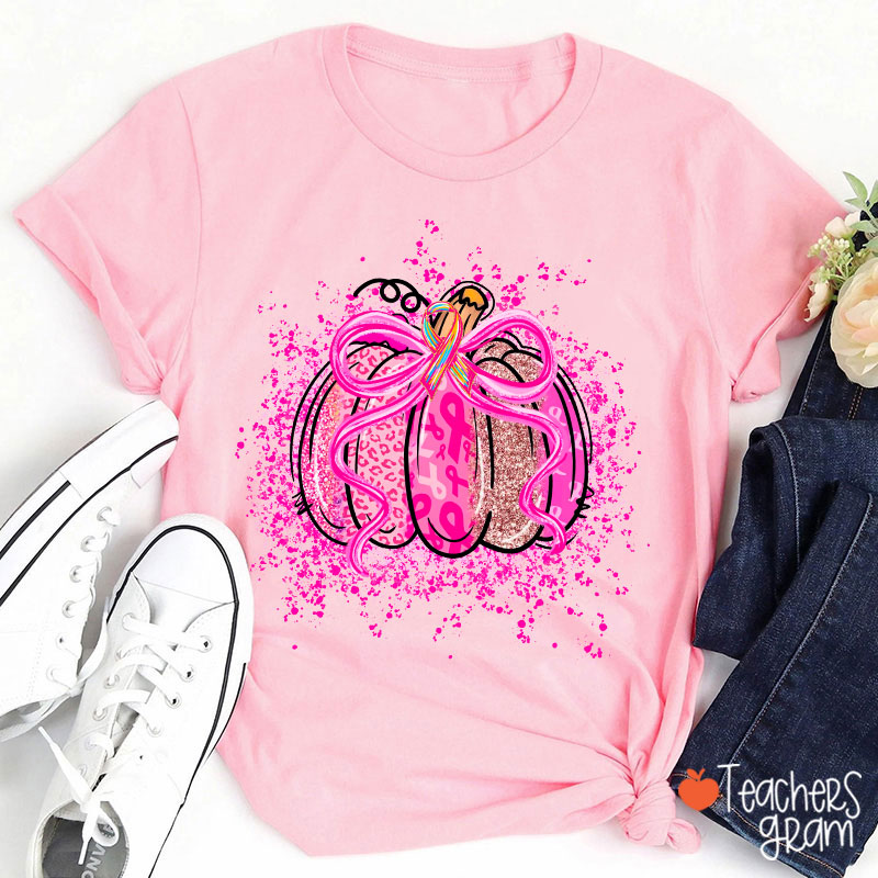 Pumpkin Theme Pink Ribbon Teacher T-Shirt
