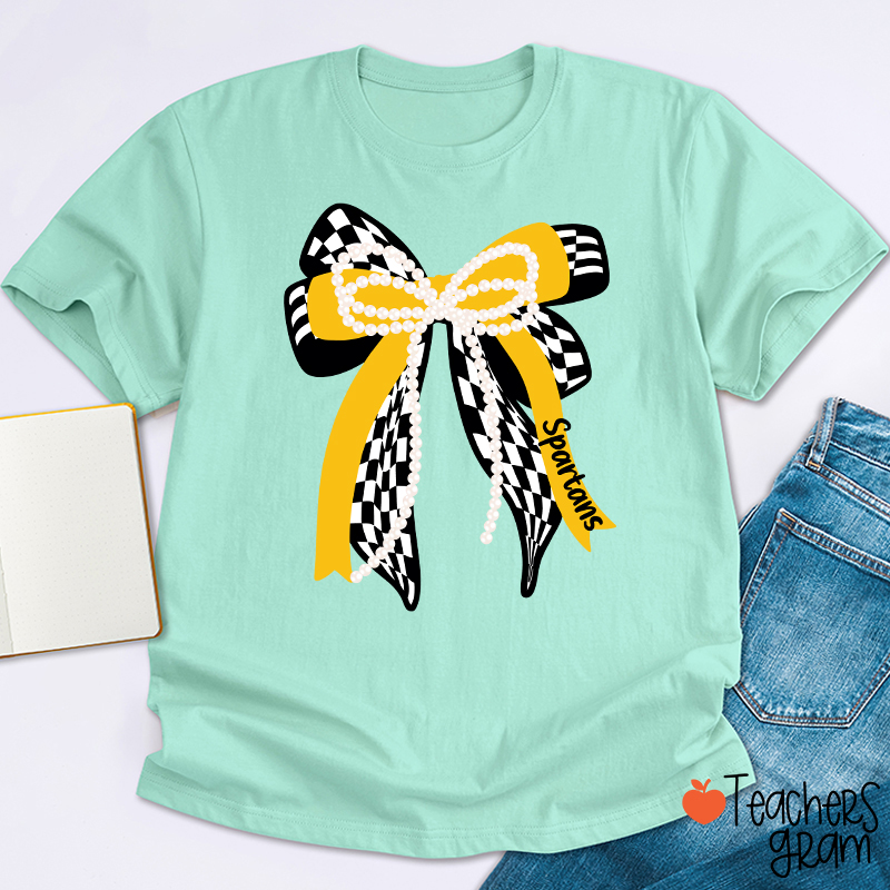 Personalized Mascot Cute Bow School Spirit Graphic Teacher T‑Shirt