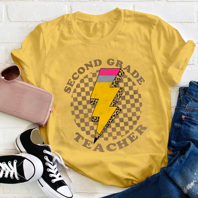 Personalized Grade Pencil Lighting Teacher T-Shirt