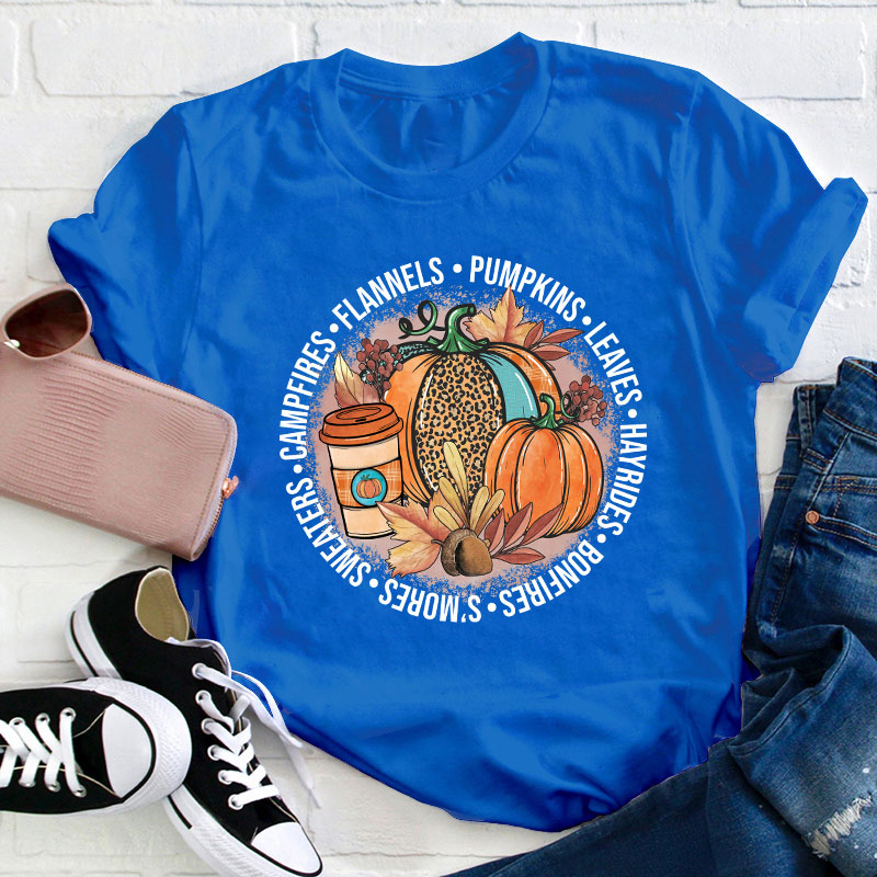 Pumpkin Leaves Hayrides Teacher T-Shirt