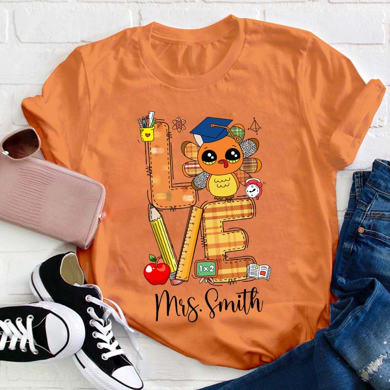 Personalized Name Thankful Cute Turkey Teacher T-Shirt
