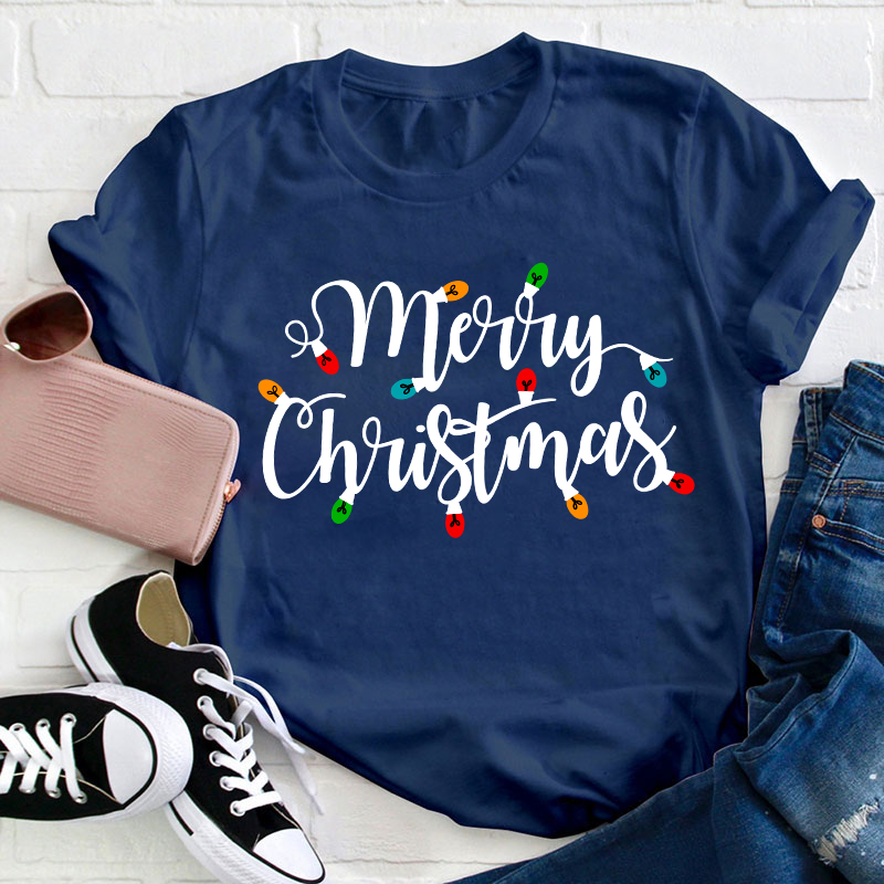 Merry Christmas Colorful Lights Teacher T-Shirt